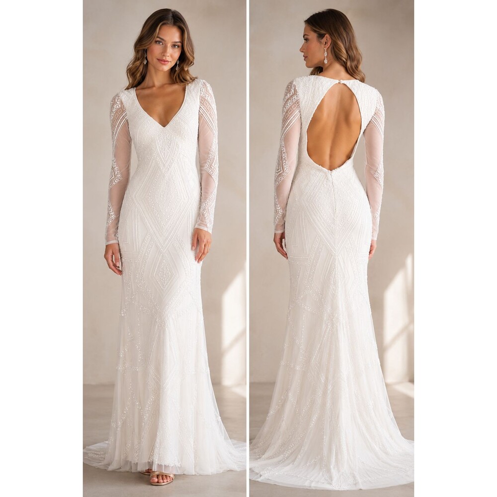 Lulus Deedra Wedding Dress White Sequin Beaded Backless Maxi Size M NWT